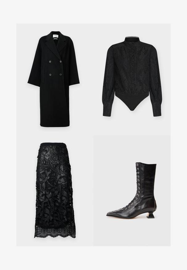Sort uld dobbeltradet frakk med spidse slag, to frontlommer og knapper foran. Oversized, lige silhuet.; Sort blonderet body med lange ærmer, høj krave og knapdetaljer ned langs fronten med en solid sort bundsektion.; Sort blonde nederdel med intrikate blomsterbroderier, et taljeret liv og en scallopkant. Gennemsigtig overlay med tekstureret detaljering.; Sort læder ankelstøvle med spids tå, snøring foran, metaløjer, lav blokhæl og et strømlinet design. Glat tekstur, moderne silhuet.