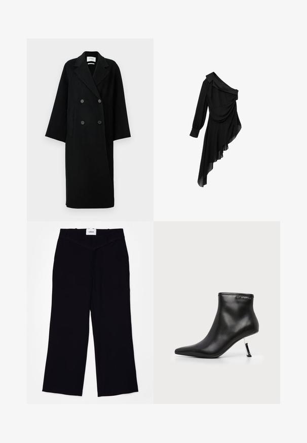 Manteau noir en laine à double boutonnage avec un col cranté, deux poches avant et des boutons à l'avant. Silhouette oversized et droite.; Robe noire en tissu fluide, avec un design asymétrique à une épaule, un devant drapé, une longue manche et un ourlet inégal.; Pantalons larges noirs en tissu lisse. Dotés d'une taille plate avec passants de ceinture et d'une finition soignée aux ourlets.; Bottine en cuir noir avec un bout pointu et un talon aiguille argenté brillant sur fond blanc.