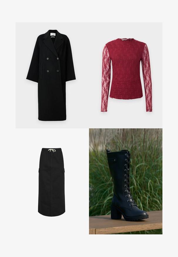 Zwarte wollen dubbele-breasted jas met een notch-kraag, twee voorkruiszakken en knopen aan de voorkant. Oversized, rechte silhoutte.; Bordeaux lange mouwen kant blouse met doorschijnende mouwen, bloemenpatroon en ronde halslijn op een effen achtergrond.; Zwarte, knielange rok van katoen met een tailleband met koord en zijzakken. Heeft een rechte snit en een gladde textuur.; Zwarte high-heeled combat boots met voorveters rustend op een houten oppervlak, hoge gras vervaagd op de achtergrond.