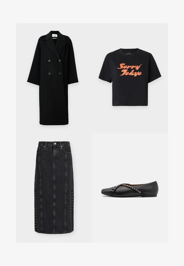Zwarte wollen dubbele-breasted jas met een notch-kraag, twee voorkruiszakken en knopen aan de voorkant. Oversized, rechte silhoutte.; Zwart T-shirt met korte mouwen en oranje tekst "Sorry Tokyo" in een gestileerd lettertype, gecentreerd op de voorkant.; Zwarte denim midirok met details in de voornaad, ceintuurlussen, zakken en decoratieve zijsluitingen met haak-en-oog.; Zwarte leren platte schoen met een puntige neus, voorzien van een decoratieve band met zilveren studs en een gespdetail. Soepele textuur, minimalistisch ontwerp.