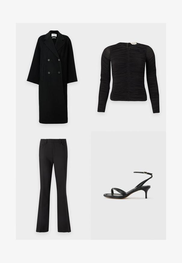 Manteau noir en laine à double boutonnage avec un col cranté, deux poches avant et des boutons à l'avant. Silhouette oversized et droite.; Haut noir à manches longues ajusté avec des détails froncés sur le devant et les manches, doté d'une fermeture éclair au dos et d'un col rond.; Pantalon noir évasé en tissu lisse, avec une taille ajustée, deux poches avant et une silhouette épurée et harmonieuse.; Sandale pour femme en cuir noir avec fines lanières, une boucle d'orteil, une boucle à la cheville et un talon aiguille de hauteur moyenne sur un fond neutre.