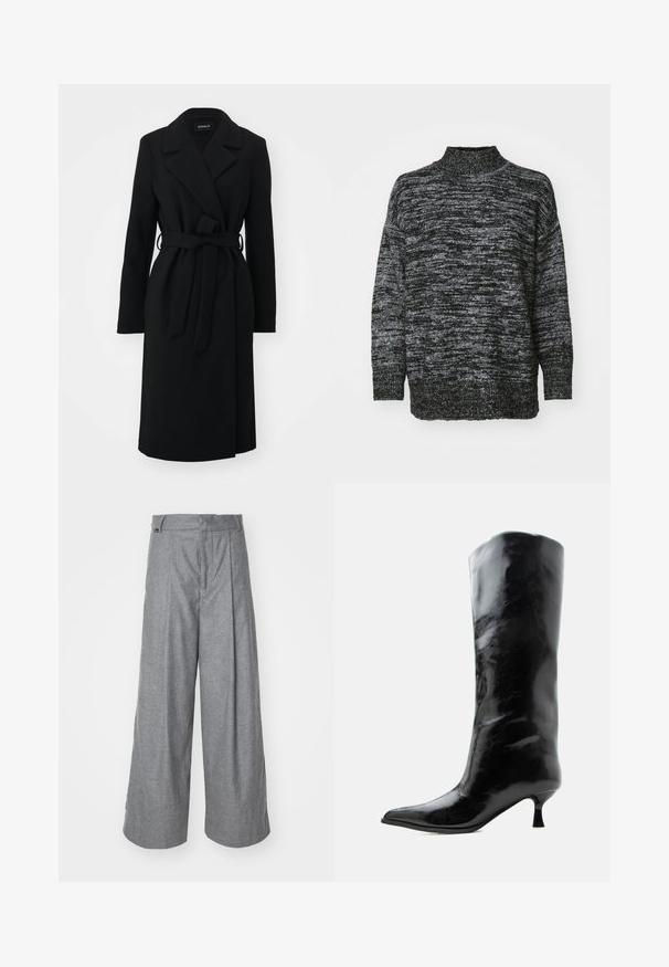 Manteau en laine noir longueur genou avec larges revers et ceinture assortie nouée à la taille, manches longues et coupe cintrée.; Pull en tricot noir et gris chiné, avec un col haut et des manches longues amples. Texture douce, coupe décontractée.; Pantalons larges gris en tissu doux, avec taille haute, plis avant et une discrète étiquette logo au niveau de la taille.; Botte en cuir noire brillante, haute jusqu'au genou, avec bout pointu et talon bas courbé sur un fond clair uni.