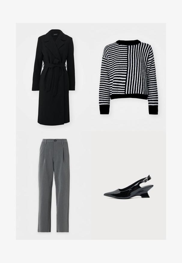 Manteau en laine noir longueur genou avec larges revers et ceinture assortie nouée à la taille, manches longues et coupe cintrée.; Pull rayé noir et blanc avec des rayures horizontales et verticales contrastées, dotée d'un col rond et de manchettes et d'un ourlet côtelés.; Pantalon gris coupe droite avec passants de ceinture, fermeture à boutons sur le devant et plis près de la taille sur fond blanc.; Chaussure slingback en cuir verni noir avec bout pointu et petit talon bloc incliné sur fond clair uni.