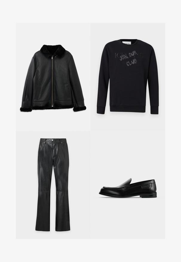 Zwarte leren jack met een zachte bontkraag, -manchetten en -zoom, voorzien van een rits aan de voorkant en twee schuine zakken.; Zwarte crewneck sweatshirt met lange mouwen, voorzien van reliëf tekst "ICEBERG" en graffiti-stijl "JOHN SMITH CLUB" overlay op de borst.; Zwarte broek van kunstleer met voorzakken, een frontrits, knoopsluiting, riemlussen en wijde pijpen.; Zwarte leren instapschoen met lage hak, afgeronde neus en decoratieve stiksels langs de bovenrand.