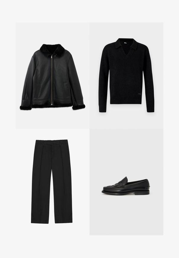 Schwarze Lederjacke mit weichem Pelzkragen, -manschetten und -saum, ausgestattet mit einem Frontreißverschluss und zwei Schlitztaschen.; Schwarzer Strickpullover mit langen Ärmeln, V-Ausschnitt, Bündchen und Saum mit Rippstrick, vor neutralem Hintergrund präsentiert.; Schwarze Hose mit geradem Bein, ausgestattet mit Falten, seitlichen Taschen und einem flachen Bund. Hergestellt aus glattem Stoff mit mattem Finish.; Schwarze Lederloafer mit einem geflochtenen Detail auf der Vorderseite, runder Zehenpartie und niedrigem Absatz. Glatte Textur und minimalistisches Design.