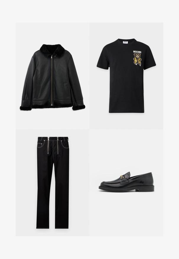 Schwarze Lederjacke mit weichem Pelzkragen, -manschetten und -saum, ausgestattet mit einem Frontreißverschluss und zwei Schlitztaschen.; Schwarzes Moschino T-Shirt mit kurzen Ärmeln, kleinem Teddybär-Grafik und Markennamen auf der oberen linken Brust.; Schwarze gerade geschnittene Hose mit zwei vertikalen Reißverschlüssen vorne und weißer Kontrastnaht an Taschen und Nähten.; Schwarze Lederleter mit einer abgerundeten Zehenpartie, ausgestattet mit goldenen Hardwareakzenten und Stichdetails, auf einer niedrigen, strukturierten Gummisohle.