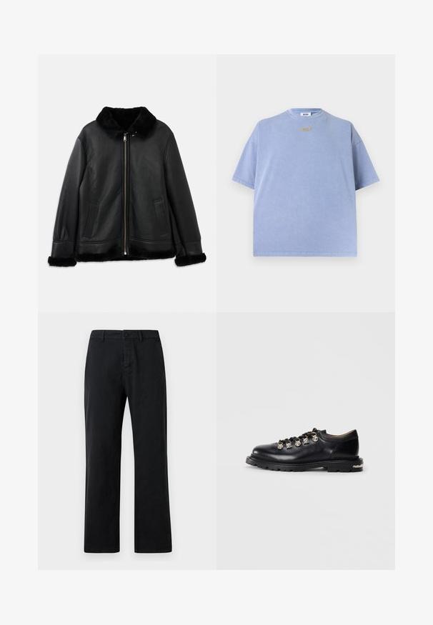 Schwarze Lederjacke mit weichem Pelzkragen, -manschetten und -saum, ausgestattet mit einem Frontreißverschluss und zwei Schlitztaschen.; Hellblaues übergroßes T-Shirt mit kurzen Ärmeln und Rundhalsausschnitt sowie einem kleinen beigefarbenen Etikett mit der Aufschrift "GCDS" unterhalb des Halsausschnitts.; Schwarze Baumwollhose mit geradem Schnitt, ausgestattet mit einer einfachen vorderen Knopfverschluss und standardmäßigen Gürtelschlaufen. Glatte Textur.; Schwarzer Leder-Schnürschuh mit niedrigem Schnitt, dicker Sohle, Metallösen, dekorativen silbernen Charms an den Schnürsenkeln und strukturiertem Profil auf der Sohle.