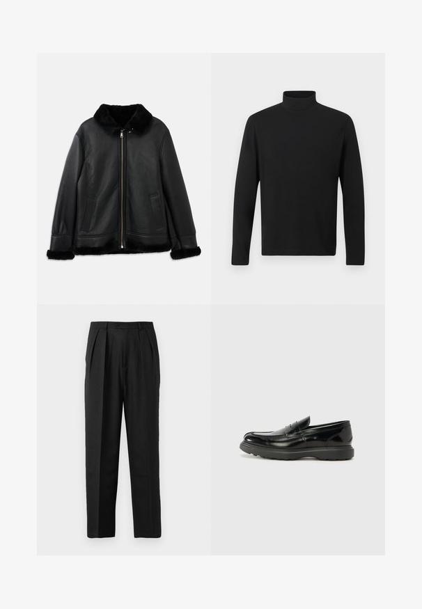 Schwarze Lederjacke mit weichem Pelzkragen, -manschetten und -saum, ausgestattet mit einem Frontreißverschluss und zwei Schlitztaschen.; Schwarzes Rollkragenhemd aus glattem Stoff. Hat lange Ärmel und einen hohen Kragen. Einfaches Design ohne zusätzliche Muster oder Akzente.; Schwarze, plissierte Hose mit maßgeschneidertem Design, aus glattem Stoff gefertigt, mit Knopfverschluss und geradem Schnitt.; Schwarze Lederloafer mit glanzendem Finish, abgerundetem Zehenbereich, subtilen Steppnähten und einer dicken Gummisohle für Langlebigkeit.