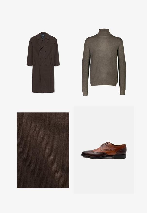 Abrigo de lana cruzado en marrón oscuro con solapa, dos bolsillos frontales y botones negros. Textura suave y forma ajustada.; Suéter marrón de punto suave, de manga larga y cuello alto, con un cuello ajustado y puños y dobladillo acanalados. Diseño minimalista, sin patrones.; Tejido de pana marrón con costillas verticales, textura suave y un color profundo y rico, adecuado para tapicería o ropa.; Zapato de vestir de hombre de cuero marrón bicolor con detalles brogue y cierre con cordones visto de lado sobre fondo blanco.