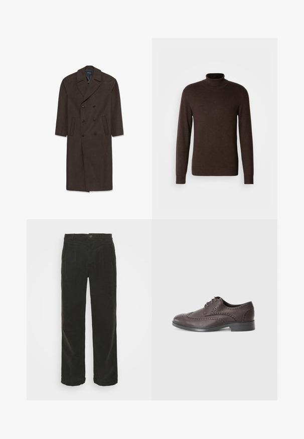 Dobbeltbrystet uldfrakke i mørkebrunt med notch-krave, to frontlommer og sorte knapper. Glat tekstur og skræddersyet pasform.; Brun turtleneck sweater lavet af blødt materiale, med lange ærmer og ribbet krave. Glat tekstur med en tætsiddende design.; Lindbergh WIDE FIT PANTS - Bukser - army; Brune læder oxford sko med brogue-detaljer, rund tå og snørelukning. Tykk sort gummisål med subtil tekstur.