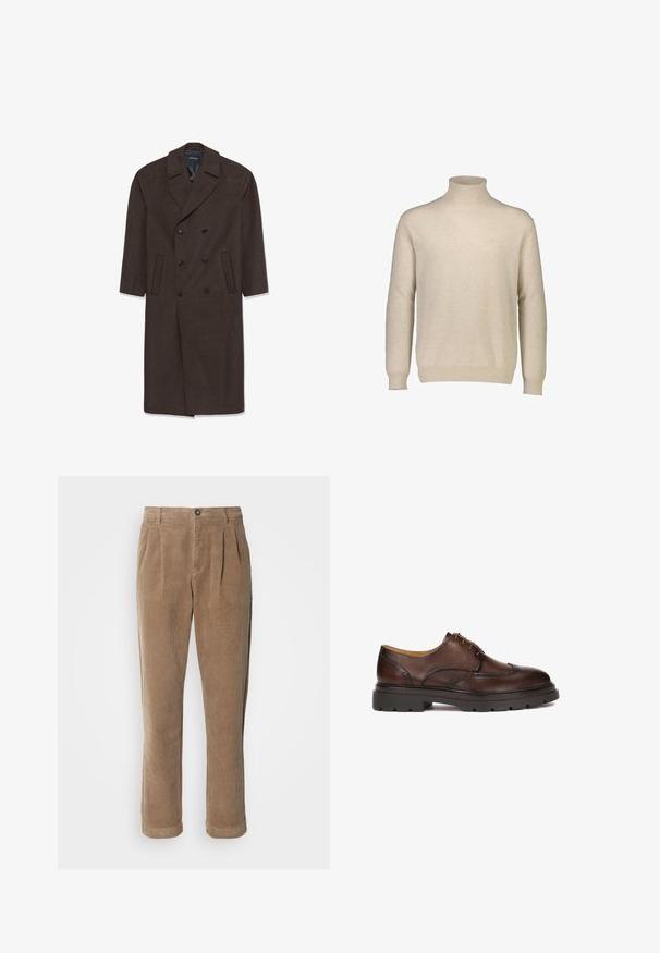 Tummanruskea kaksirivinen villakangastakki, jossa on vähän leikattu kaulus, kaksi etutaskua ja mustat napit. Liukas pinta ja muotoiltu leikkaus.; Beige turtleneck neule, joka on valmistettu pehmeästä ja kevyestä materiaalista. Ominaisuuksina pitkät hihat, ribbimmäiset hihansuut ja yksinkertainen, klassinen muotoilu.; Ruske corduroy hlače s visokim pasom, z žepi na sprednji strani, gumbom za zapiranje in ravnimi hlačnicami. Vidna je teksturirana tkanina.; Ruskeat nahkaiset juhlakengät, joissa on brogue-yksityiskohtia, pyöreä kärki ja ruskea kumipohja. Kengissä on viisi nauhakoloa ja sileä pinta.