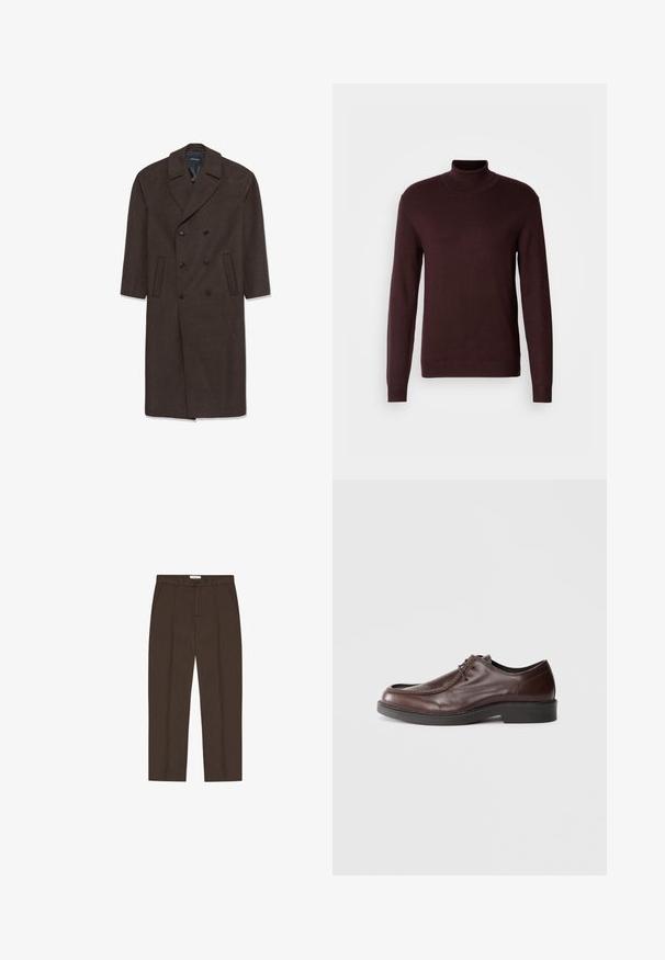 Dobbeltbrystet uldfrakke i mørkebrunt med notch-krave, to frontlommer og sorte knapper. Glat tekstur og skræddersyet pasform.; Bordeaux turtleneck sweater i blødt strikket stof, med lange ærmer, tætsiddende pasform og ribbet manchetter og kant. Glat tekstur, minimalistisk design.; Brune skræddersyede bukser med lige ben, bæltestropper, forlommer, knaplukning foran og lynlås.; Brune lædersko med rund tå, minimal syning og en solid sort sål. Har snørelukning og en glat overflade.