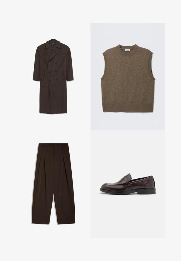 Dobbeltbrystet uldfrakke i mørkebrunt med notch-krave, to frontlommer og sorte knapper. Glat tekstur og skræddersyet pasform.; Brun ærmeløs strikket sweater med rund halsudskæring, ribbede kanter og blød tekstur; mærket siger "WEEKDAY".; Højtaljede mørkebrune viddebukser med forkantsfolder, bæltestropper, knaplukning og rene kantede kanter.; Brune læder loafers med en glat overflade, rund tå, diskrete syninger og en lav gummihæl. Sidevisning vist.