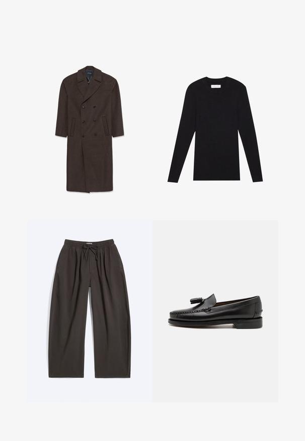 Abrigo de lana cruzado en marrón oscuro con solapa, dos bolsillos frontales y botones negros. Textura suave y forma ajustada.; Pier One by Zalando MUSCLE FIT KNITJUMPER - Jersey de punto - black; Pantalones de color marrón oscuro de corte holgado con cinturilla elástica y cordón, bolsillos delanteros y piernas anchas y rectas, colocados planos sobre un fondo blanco.; Mocasines de cuero negro con costuras de mocasín, punta redonda y acento de borlas. Tacón plano con una textura suave, diseñados para uso casual.