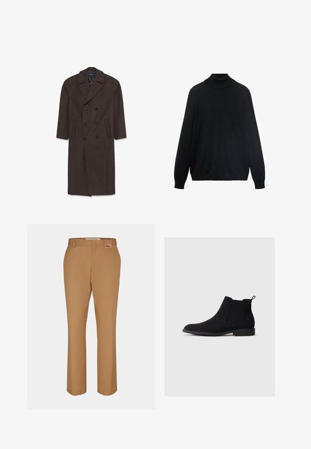 Dobbeltbrystet uldfrakke i mørkebrunt med notch-krave, to frontlommer og sorte knapper. Glat tekstur og skræddersyet pasform.; Sort turtleneck sweater med en tætsiddende krave, lange ærmer og ribbede manchetter og kant. Lavet af blødt, strækbart stof med en glat tekstur.; Brune bukser lavet af glat stof. Lige ben-design med en forlommer og et lille rødt Lacoste-logo-patch tæt på taljen.; Sorte ruskinds Chelsea støvler med elastiske sidepaneler, rund tå, trækkebånd og en lav blokhæl, designet til nem påklædning.