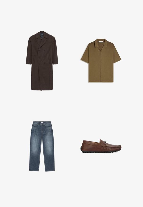 Dubbelzijdige wollen jas in donkerbruin met een notch-kraag, twee voorkoeken en zwarte knopen. Glad textuur en op maat gemaakte vorm.; Bruine kortärmelig blouse met knopen, een campkraag, vijf knopen en een losse pasvorm.; Blauwe denim jeans met rechte pijpen, voorzakken, ceintuurlussen en een knoopsluiting, plat weergegeven op een witte achtergrond.; Bruine leren loafers met een afgeronde neus, een geweven accent aan de voorkant en een rubberen buitenzool met kleine profielzolen. Minimalistisch ontwerp, zonder zichtbare logo's.