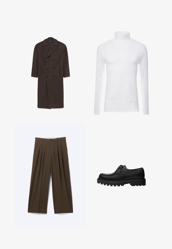 Doppelreihiger Wollmantel in Dunkelbraun mit einem Reverskragen, zwei vorderen Taschen und schwarzen Knöpfen. Glatte Textur und taillierte Form.; Weißes Langarm-Turtleneck-Shirt aus weichem, dehnbarem Stoff. Verfügt über einen hohen Kragen und eine figurbetonte Passform, die eine schlanke Silhouette bietet.; Braune Hose mit weitem Bein, dünnen vertikalen Nadelstreifen, Knopfverschluss, Gürtelschlaufen und vorderen Falten.; Schwarzer Leder-Schnürschuh mit dicker, robuster Sohle und detaillierter Naht am Obermaterial, entworfen für formelle oder legere Anlässe.