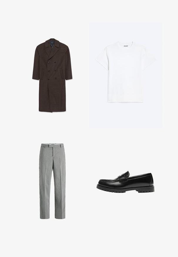 Dubbelzijdige wollen jas in donkerbruin met een notch-kraag, twee voorkoeken en zwarte knopen. Glad textuur en op maat gemaakte vorm.; Effen wit T-shirt met korte mouwen en een ronde hals met een "WEEKDAY" label aan de binnenkant van de achterkraag, getoond op een lichte achtergrond.; Grijze en witte geruite pantalon met een rechte pijpdesign, voorzien van een flat front, riemlussen en verborgen zijzakken.; Zwarte leren loafer met een dikke rubberen zool en klassieke penny-strap details, gezien vanaf de buitenkant.