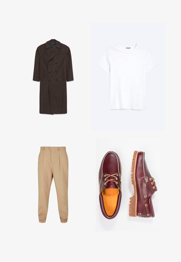 Abrigo de lana cruzado en marrón oscuro con solapa, dos bolsillos frontales y botones negros. Textura suave y forma ajustada.; Camiseta blanca lisa de cuello redondo y manga corta con una etiqueta visible de la marca WEEKDAY en el cuello, mostrada sobre un fondo claro.; Pantalones ajustados beige con pliegues, cierre de botón, trabillas para cinturón y piernas ajustadas, sobre un fondo blanco.; Zapatos de cuero burdeos con suelas de goma marrón, puntera redonda, costuras blancas y ojales dorados. El interior cuenta con un forro amarillo.