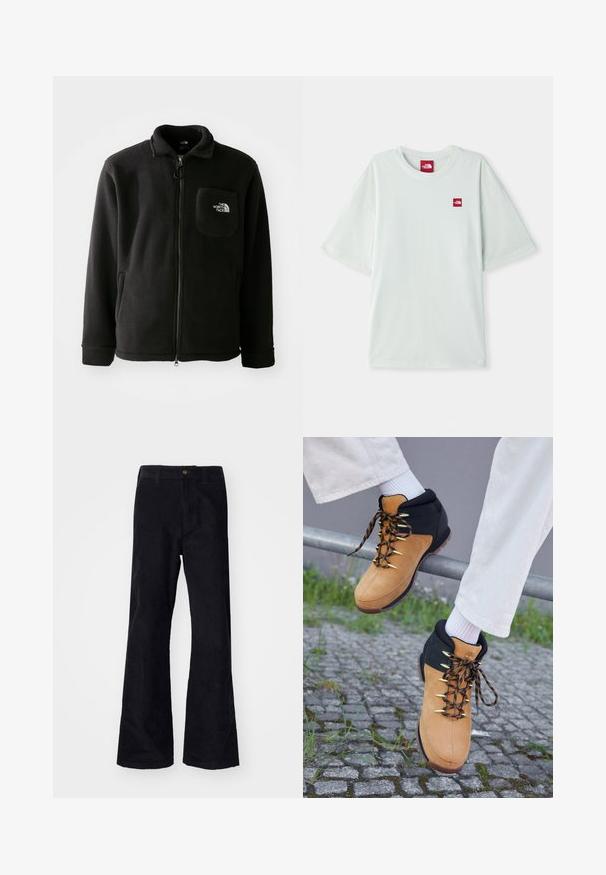 Sort fleecejakke med lynlås foran, høj krave, elastiske manchetter og en brystlomme med logo. Blødt materiale, afslappet design.; Lysegrøn kortærmet t-shirt lavet af blød bomuld, med et lille rødt logo på venstre brystområde. Løs pasform og rund halsudskæring.; Sorte, bomuldsforlængede bukser med en traditionel linning, enkelt forreste knap og lommer på siderne og bagpå. Glat tekstur.; Brune og sorte vandrestøvler med overdel i ruskind, guldøjer og mønstrede snørebånd, præsenteret på et rækværk over brosten. Hvide sokker synlige.