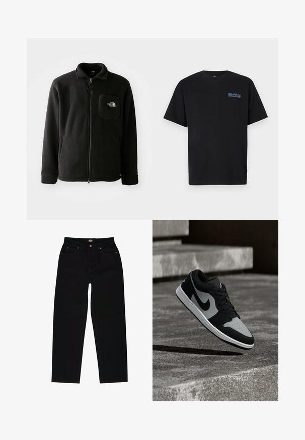 Zwarte fleece jack met ritssluiting aan de voorkant, hoge kraag, elastische manchetten en een borstzak met een logo. Zachte textuur, casual ontwerp.; Zwart katoenen T-shirt met korte mouwen en een ronde hals. Voorzien van een blauw geborduurd "Dickies"-logo op de linkerborst.; Zwarte denim jeans met een rechte pasvorm, voorzien van vijf zakken, bruine stiksels en een ritssluiting. Laatste textuur en duurzaam materiaal.; Zwart-grijze Nike-sneaker zweeft boven een getextureerd betonnen oppervlak met stenen traptreden op de achtergrond.