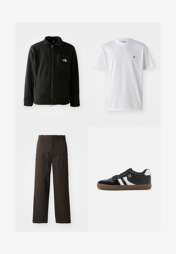 Sort fleecejakke med lynlås foran, høj krave, elastiske manchetter og en brystlomme med logo. Blødt materiale, afslappet design.; Hvid bomulds t-shirt med korte ærmer, rund hals og et lille guld logo på venstre brystområde. Blød tekstur og almindelig pasform.; Sorte bomuldsbukser med et lige ben-design, der har en knaplukning og et klassisk taljehåndter. Glat tekstur, ingen mønstre eller accenter.; Sorte og hvide sneakers med overdel i ruskind og læder, der har hvide striber, sorte snørebånd og en brun gummisål. Guld logo detaljer.