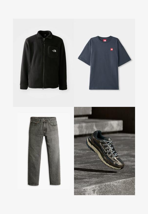 Sort fleecejakke med lynlås foran, høj krave, elastiske manchetter og en brystlomme med logo. Blødt materiale, afslappet design.; Mørk navy blå kortærmet T-shirt lavet af bomuld, med en rød logo-patch på venstre bryst og en klassisk rund halsudskæring.; Grå denim jeans med lige ben-design, klassisk fem-lomme stil og diskret sømdetaljer på sømme og lommer.; Mørk metallisk og sort Nike løbesko med beige sål, der svæver over grå betontrapper.