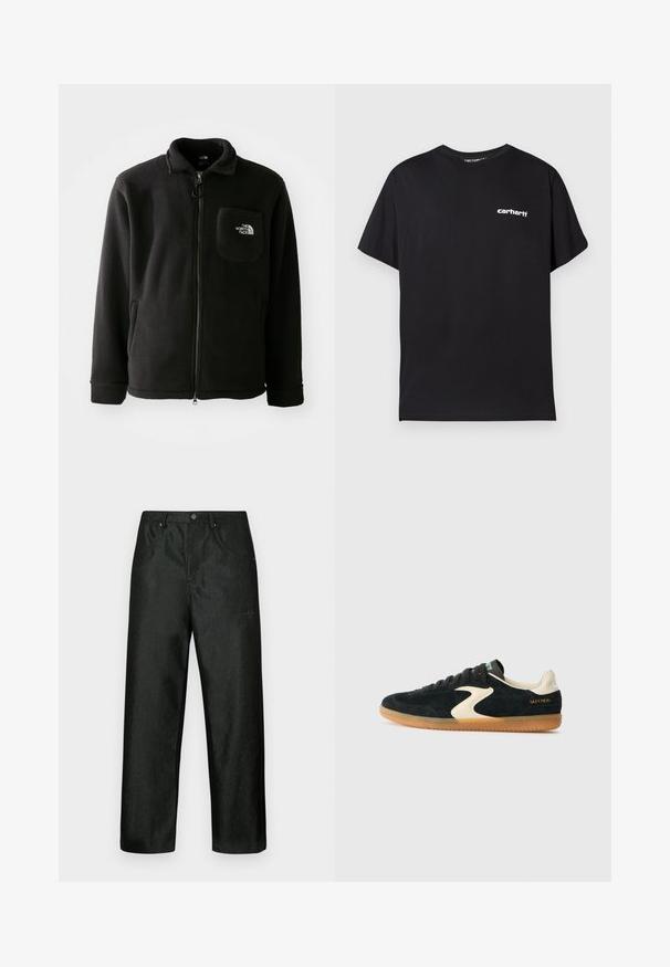 Musta fleece-takki, jossa on vetoketju edessä, korkea kaulus, elastiset hihansuut ja rinnassa logoa esittävä tasku. Pehmeä rakenne, rento muotoilu.; Musta puuvillainen t-paita, jossa on rento istuvuus, lyhyet hihat ja valkoinen "Carhartt"-logo vasemmassa rinnassa.; Mustat housut, joissa on hieman kiiltoa, suora lahjemalli, kaksi etutaskua ja huomaamaton logo ylävasemmalla puolella.; Mustat mokkanahkaiset lenkkarit, joissa on vaniljavärinen korostus ja kumipohja. Ominaisuuksiin kuuluvat litteät nauhat, pyöristetty kärki ja "SKECHERS" -teksti kultaisena kantapäässä.