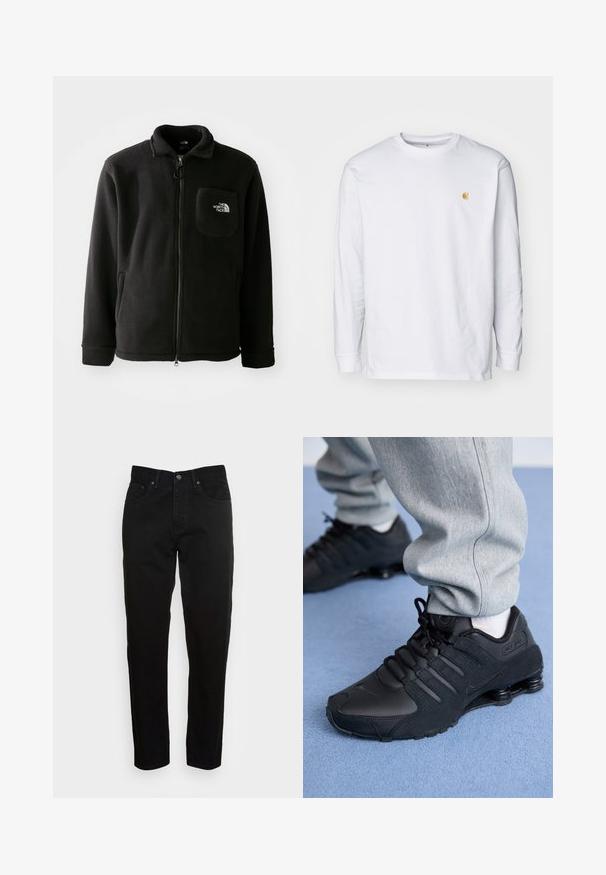 Schwarze Fleecejacke mit Reißverschluss auf der Vorderseite, hohem Kragen, elastischen Bündchen und einer Brusttasche mit Logo. Weiche Textur, lässiges Design.; Weißes Langarm-T-Shirt aus Baumwolle. Mit kleinem goldenem Logo auf der Brust und Rundhalsausschnitt. Einfaches Design und normale Passform.; Schwarze Slim-Fit-Jeans mit vorderem Knopfverschluss und fünf Taschen-Design, vor einem schlichten hellgrauen Hintergrund präsentiert.; Person in schwarzen Nike Shox Sneakers und grauen Jogginghosen, der auf einem hellblauen Teppich steht.