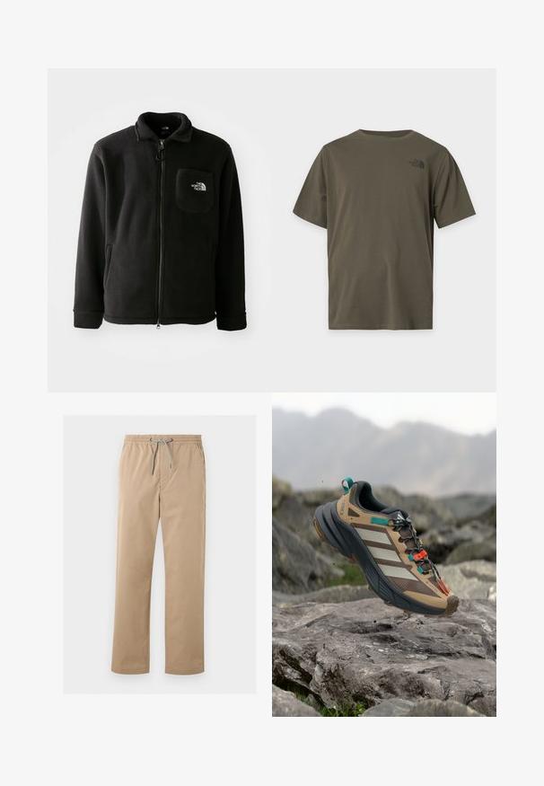 Musta fleece-takki, jossa on vetoketju edessä, korkea kaulus, elastiset hihansuut ja rinnassa logoa esittävä tasku. Pehmeä rakenne, rento muotoilu.; Yksinkertainen oliivinvihreä lyhythihainen t-paita, jossa pieni musta The North Face -logo vasemman rinnan yläpuolella.; Miesten beiget rento housut joustavalla vyötäröllä ja harmaalla kiristysnauhalla, suora lahje, edessä ja sivuilla taskut.; Ruskea ja harmaa urheilukenkä, jossa on valkoiset raidat, oranssi ja turkoosi yksityiskohta, teksturoitu verkkomateriaali ja kestävä pohja pidon takaamiseksi.