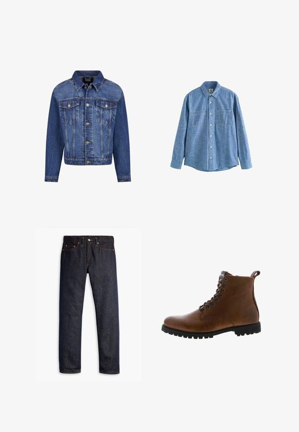 Denim jack in medium blauw, met zilverkleurige details, twee borstzakken, een knoopsluiting aan de voorkant en een klassieke kraag. Standaard pasvorm met lange mouwen.; Blauw chambray overhemd met lange mouwen, knoopsluiting aan de voorkant en twee borstzakken, plat gelegd op een witte achtergrond.; Donkerblauwe spijkerbroek met een rechte pasvorm, vijf zakken, koperen klinknagels, gele stiksels en een duidelijke textuur in de stof.; Bruine leren enkelbotten met een gestructureerde afwerking, metalen oogjes en een zwarte rubberen profielzool. Voorzien van een trekband aan de achterkant voor gemakkelijke instap.