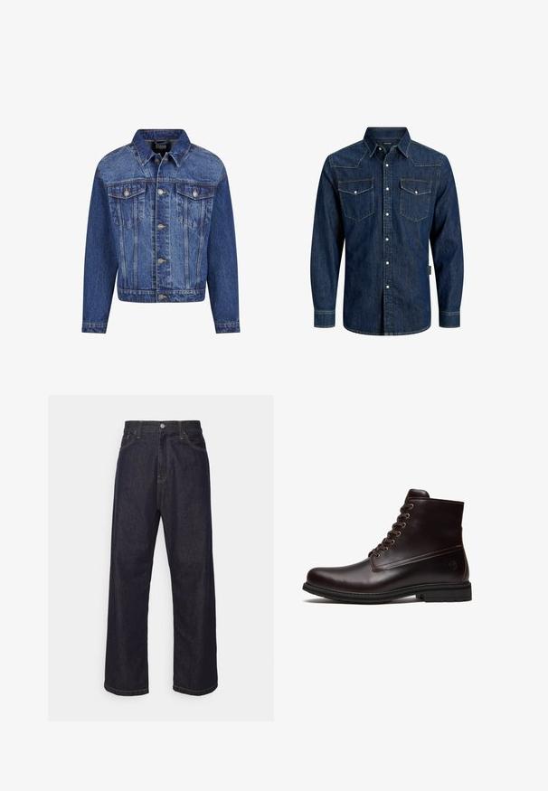 Denim jack in medium blauw, met zilverkleurige details, twee borstzakken, een knoopsluiting aan de voorkant en een klassieke kraag. Standaard pasvorm met lange mouwen.; Donkerblauw denim overhemd met lange mouwen, knoopsluiting, twee voorste knoopsluitbare borstzakken en een puntige kraag.; Donkerblauwe rechte spijkerbroek met gele stiksels, voorknop, ritssluiting en vijf pocket ontwerp.; Donkerbruine leren veter enkellaars met rubberen zool en subtiel reliëflogo nabij de hak, getoond vanaf de buitenkant.