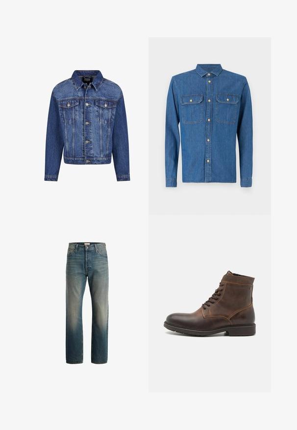 Denim jack in medium blauw, met zilverkleurige details, twee borstzakken, een knoopsluiting aan de voorkant en een klassieke kraag. Standaard pasvorm met lange mouwen.; Denim shirt in donkerblauw, met lange mouwen en knoopmanchetten, puntige kraag, twee borstzakken en een knoopsluiting aan de voorkant met gouden hardware.; Blauwe vervaagde rechte spijkerbroek met knoop- en ritssluiting, voor- en achterzakken, tentoongesteld op een witte achtergrond.; Jack & Jones JFWDELANEY BOOT - Veterboots - cognac