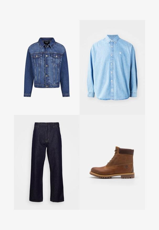 Denim jack in medium blauw, met zilverkleurige details, twee borstzakken, een knoopsluiting aan de voorkant en een klassieke kraag. Standaard pasvorm met lange mouwen.; Lichtblauwe denim overhemd met knopen en lange mouwen, puntkraag en een klein logo op de linkerborst. Heeft een ontspannen pasvorm en een klassiek ontwerp.; Donkerblauwe denim jeans met rechte pijpen, voorzakken, riemlussen, ritssluiting en knoopsluiting, weergegeven tegen een eenvoudige witte achtergrond.; Bruine leren wandelschoen met een gladde afwerking, gevoerde enkel, metalen oogjes en een rubberen zool met een robuust profiel.