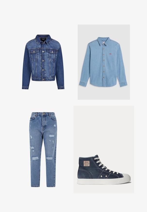 Denim jack in medium blauw, met zilverkleurige details, twee borstzakken, een knoopsluiting aan de voorkant en een klassieke kraag. Standaard pasvorm met lange mouwen.; Lichtblauwe denim shirt met lange mouwen, knoopsluiting aan de voorkant en een puntige kraag. Bevat bruine knopen en een kleine rode logopatch.; Lichtblauwe denim jeans met een hoge taille, rechte pijpen en een versleten ontwerp met scheuren en rafelige randen overal.; Marineblauwe hoge sneaker met witte veters, witte rubberen zool, metalen oogjes en een klein beige merklabel op het enkelgebied.