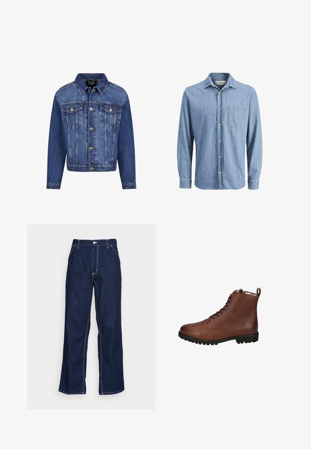 Denim jack in medium blauw, met zilverkleurige details, twee borstzakken, een knoopsluiting aan de voorkant en een klassieke kraag. Standaard pasvorm met lange mouwen.; Lichtblauwe denim overhemd met een button-down kraag, lange mouwen, een borstzak en een geborduurd logo op de zak.; Donkerblauwe denim broeken met wijde pijpen, met een hoge taille, voorzakken en contrasterende witte stiksels langs de naden.; Bruine leren enkellaarzen met een gestructureerde afwerking, veterinstap, ronde neus en een zware rubberen zool. Inclusief een trekband aan de achterkant.