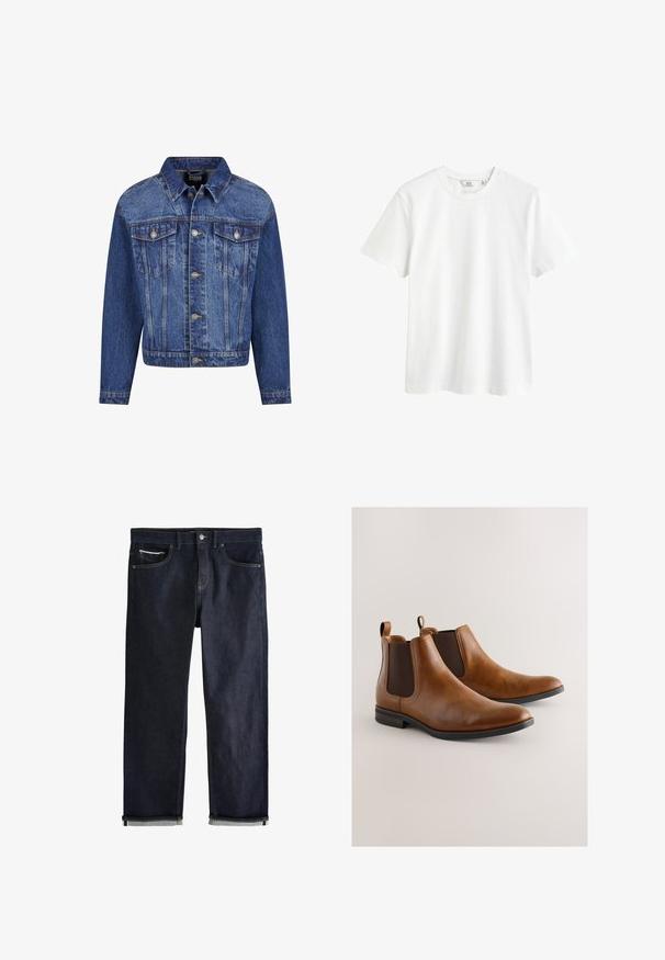 Denim jack in medium blauw, met zilverkleurige details, twee borstzakken, een knoopsluiting aan de voorkant en een klassieke kraag. Standaard pasvorm met lange mouwen.; Witte katoenen t-shirt met een ronde hals, korte mouwen en een relaxte pasvorm. Gladde textuur, geen patronen of versieringen.; Donkerblauwe spijkerbroek met een klassieke rechte pasvorm, voorzien van vijf zakken, een knoopsluiting en opgerolde boorden met een lichtblauwe voering.; Bruine leren Chelsea boots met elastische zijkanten, een gladde textuur, afgeronde neus en een lage opgestapelde hak. Subtiele stikseldetails.