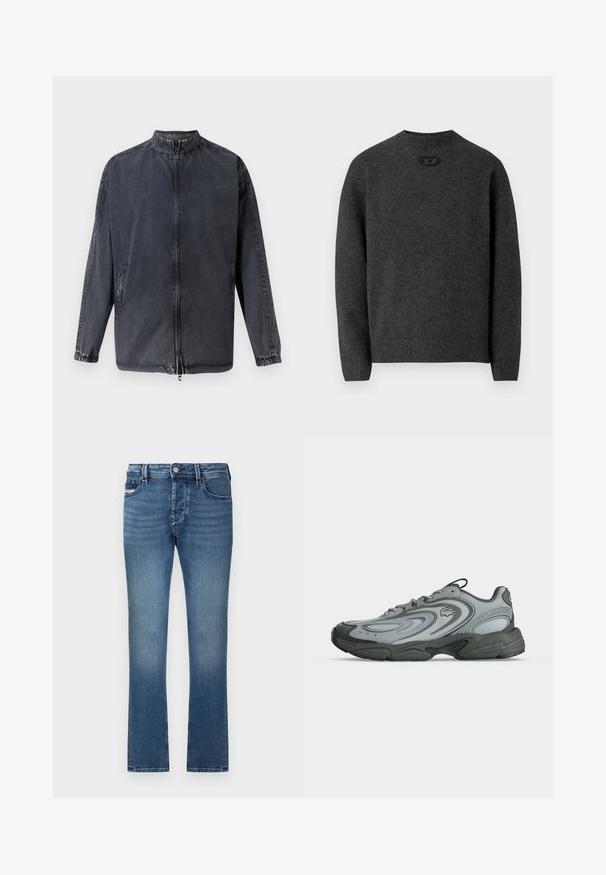 Sort afslappet jakke lavet af denim materiale, med en opretstående krave, lynlås foran og elastiske manchetter. Indeholder sidelommer og en afslappet pasform.; Mørkegrå sweater lavet af blødt strikket stof med rund halsudskæring og ribstrikkede manchetter og kant. Har et lille logodetalje på ryggen.; Blå denimjeans med lige ben, design med fem lommer og en falmet finish. Har bæltestropper i taljen og lukning med metalknap.; Grå og sort atletiksneaker med snørebånd foran, tekstureret sål og mærkelogo på siden, vist i venstre profil på hvid baggrund.