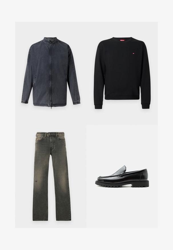 Veste décontractée noire en denim, avec col montant, fermeture éclair à l'avant et poignets élastiques. Comprend des poches latérales et une coupe décontractée.; Sweat-shirt noir en tissu doux, avec un col rond et des manches longues. Petit logo rouge près de la poitrine. Poignets et ourlet côtelés.; Jean en denim gris avec une coupe décontractée, doté d'une fermeture à boutons, d'un léger effet délavé, et d'usures discrètes près du genou. Conception à cinq poches.; Mocassin en cuir noir avec semelle en caoutchouc épaisse, dessus cousu et nom de marque embossé sur le talon, présenté de profil sur fond blanc.