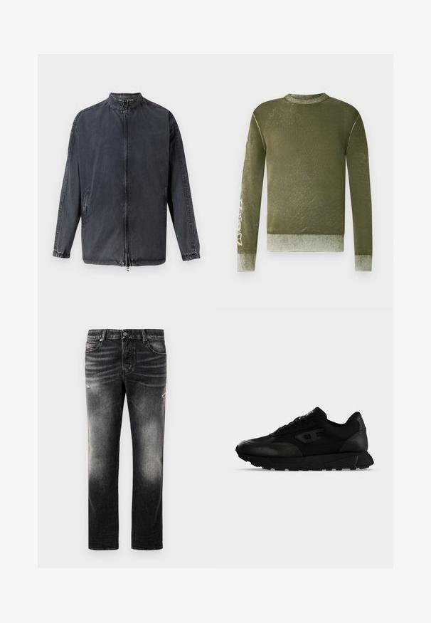 Veste décontractée noire en denim, avec col montant, fermeture éclair à l'avant et poignets élastiques. Comprend des poches latérales et une coupe décontractée.; Pull à manches longues vert olive avec poignets et ourlet côtelés, texture subtilement délavée, et texte graphique de couleur claire sur la manche droite.; Jean noir avec une finition délavée et des accents usés, design standard à cinq poches, et fermeture éclair. Fabriqué en tissu denim.; Baskets basses noires avec cuir texturé et panneaux en tissu, fermeture lacets et semelle épaisse en caoutchouc sur un fond clair uni.