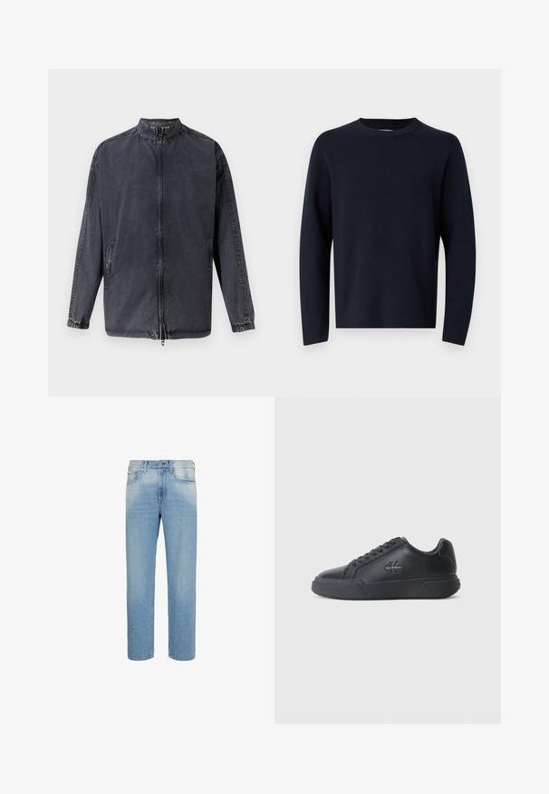 Mustast vabast lõikega tekstuuriga jakist, mis on valmistatud denim materjalist, millel on püsti kaelus, lukuga esine, ja elastsed mansetid. Jakki kaunistavad küljetaskud ja see pakub mugavat istuvust.; Tumedat sinine sviiter, ümar kaelus, pika varrukaga, valmistatud pehmest kangast, millel on sile tekstuur. Lihtne disain, ilma nähtavate mustrite või metallosadeta.; Hele sinised sirge säärega teksapüksid esitaskute, vööaasa ja nööpidega sulgemisega, valge tausta ees eksponeeritud.; Mustad mustkatsed on ümmarguse varvastega, lamedate tallaga ja paeltega disainiga. Märkimisväärsed detailid hõlmavad külje peal asuvat diskreetset logo.