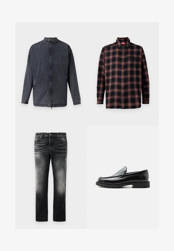 Chaqueta casual negra de material vaquero, con cuello alto, cierre de cremallera en la parte delantera y puños elásticos. Incluye bolsillos laterales y un corte relajado.; Camisa de cuadros negra y roja con botones en el frente, mangas largas y una etiqueta en el cuello. Presenta costuras de contraste y un bolsillo de parche.; Jeans negros con acabado desgastado y toques rasgados, diseño estándar de cinco bolsillos y cierre con cremallera. Elaborados en tela de denim.; Mocasín de cuero negro con suela de goma gruesa, empeine cosido y nombre de la marca en relieve en el talón, mostrado en perfil lateral sobre fondo blanco.