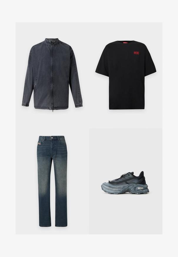Schwarze lässige Jacke aus Denim-Material, mit Stehkragen, Reißverschluss vorne und elastischen Bündchen. Mit seitlichen Taschen und lässiger Passform.; Schwarzes T-Shirt aus Baumwolle, mit kurzen Ärmeln, rundem Ausschnitt und einem roten "DIESEL"-Logo auf der linken Brustseite.; Blaue Jeans mit geradem Bein, verwaschenem Look, Vorderseite mit Knopf- und Reißverschluss sowie Fünf-Taschen-Design.; Schwarz- und graue Diesel-Sneaker mit dicker Sohle, Schnürverschluss und strukturiertem Design auf einem schlichten hellgrauen Hintergrund.