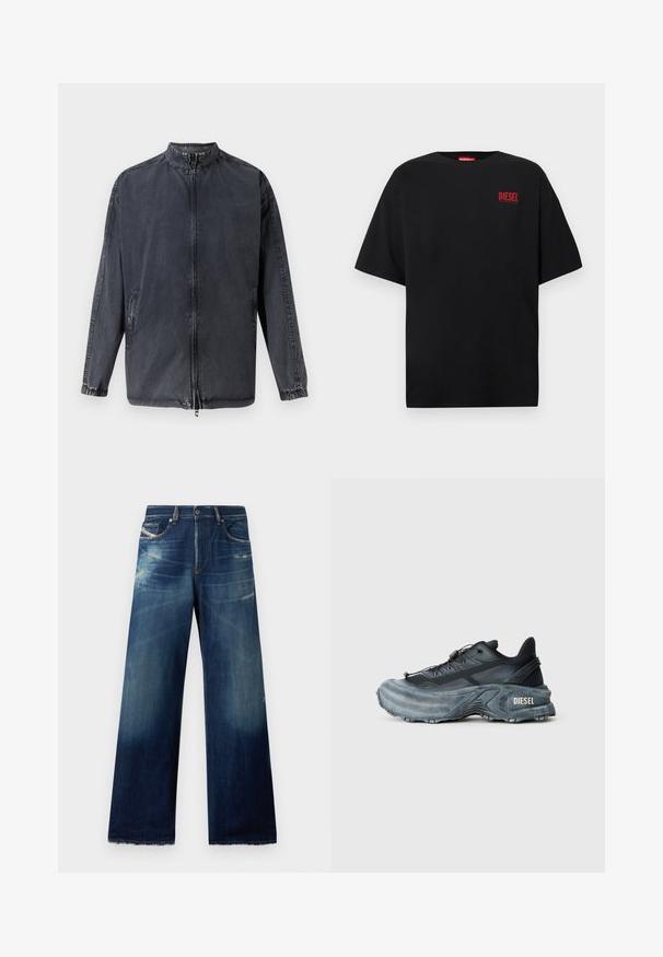 Sort afslappet jakke lavet af denim materiale, med en opretstående krave, lynlås foran og elastiske manchetter. Indeholder sidelommer og en afslappet pasform.; Sort T-shirt lavet af bomuld, med korte ærmer, rund halsudskæring og en rød "DIESEL"-logo på venstre brystområde.; Bredde denim jeans i mørkeblå med slidte områder, distressed detaljer og flossede kanter. Fire lommer og knaplukning.; Sort og grå Diesel sneakers med tyk sål, snørrebåndslukning og tekstureret design på en ensfarvet lysegrå baggrund.