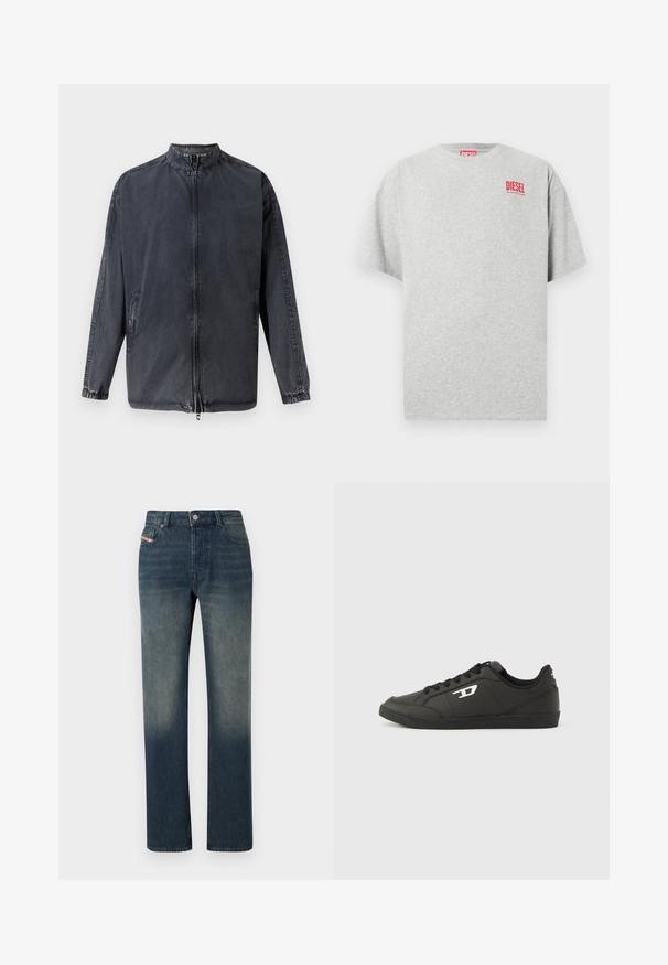 Veste décontractée noire en denim, avec col montant, fermeture éclair à l'avant et poignets élastiques. Comprend des poches latérales et une coupe décontractée.; T-shirt en coton gris avec un col rond et des manches courtes. Présente un petit logo rouge « DIESEL » sur la poitrine. Texture lisse.; Jean en denim bleu à jambe droite avec lavage délavé, fermeture avant par bouton et fermeture éclair, et design à cinq poches.; Baskets synthétiques noires avec une semelle noire texturée, un bout rond et des lacets plats noirs. Logo blanc remarquablement placé sur le côté extérieur.