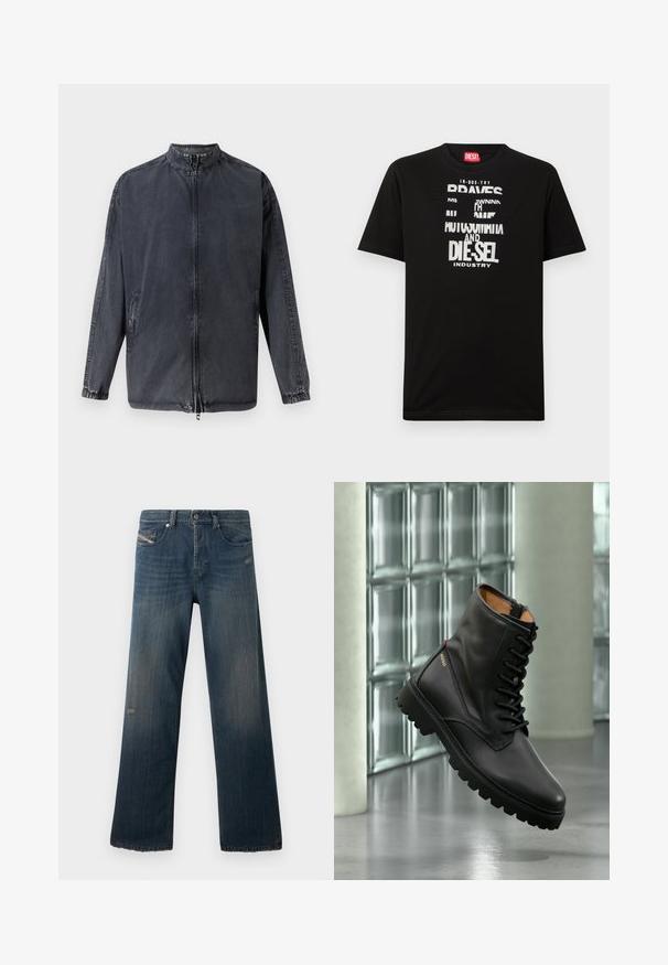 Veste décontractée noire en denim, avec col montant, fermeture éclair à l'avant et poignets élastiques. Comprend des poches latérales et une coupe décontractée.; T-shirt noir en coton avec des graphismes textuels blancs audacieux, incluant "DIESEL" et "INDUSTRY", avec un col rond et des manches courtes.; Jeans en denim bleu au design à jambes droites, texture délavée, ourlet effiloché et détails usés sur la poche avant et la cuisse.; Botte de combat en cuir noir à lacets avec semelle épaisse, logo doré "HUGO" sur le côté, exposée dans un cadre intérieur moderne avec un mur en blocs de verre en arrière-plan.