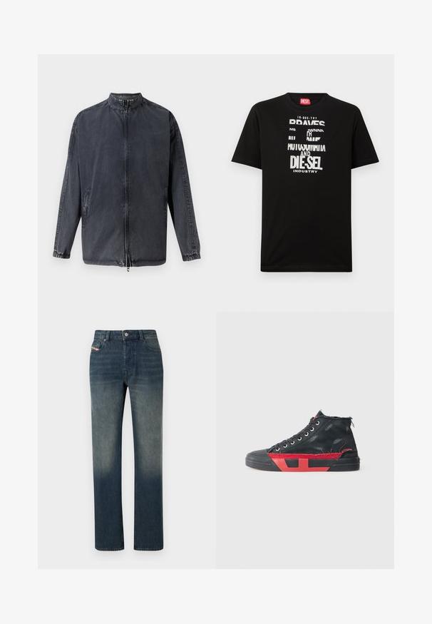 Sort afslappet jakke lavet af denim materiale, med en opretstående krave, lynlås foran og elastiske manchetter. Indeholder sidelommer og en afslappet pasform.; Sort bomulds-T-shirt med fed hvide tekstgrafik, herunder "DIESEL" og "INDUSTRY", med rund halsudskæring og korte ærmer.; Blå denimjeans med lige ben, falmet vask, forreste knap- og lynlås lukning samt fem-lomme design.; Sort høj-top sneakers med røde accenter og en forslidt finish. Har et struktureret kanvasoverdel og en gummisål med udsnit.