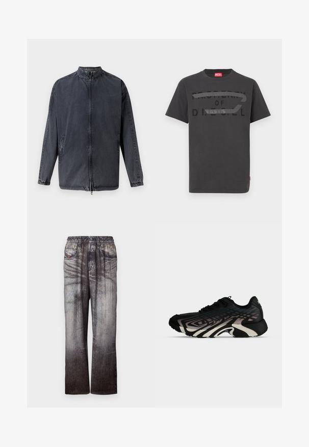 Schwarze lässige Jacke aus Denim-Material, mit Stehkragen, Reißverschluss vorne und elastischen Bündchen. Mit seitlichen Taschen und lässiger Passform.; Graues Baumwoll-T-Shirt mit fettem schwarzem Text "PROPERTY OF D.I.E.S.E.L.", glatter Textur und kurzen Ärmeln.; Jeans mit einem verblassten Blau-zu-Grau-Gradient, elastischem Bund und seitlichen Taschen. Sie besitzen eine strukturierte Oberfläche mit subtilem Nähen.; Schwarzer und grauer Sportschuh mit geschichteten geometrischen Mustern und dicker, geformter Sohle, von der Seite vor weißem Hintergrund gezeigt.