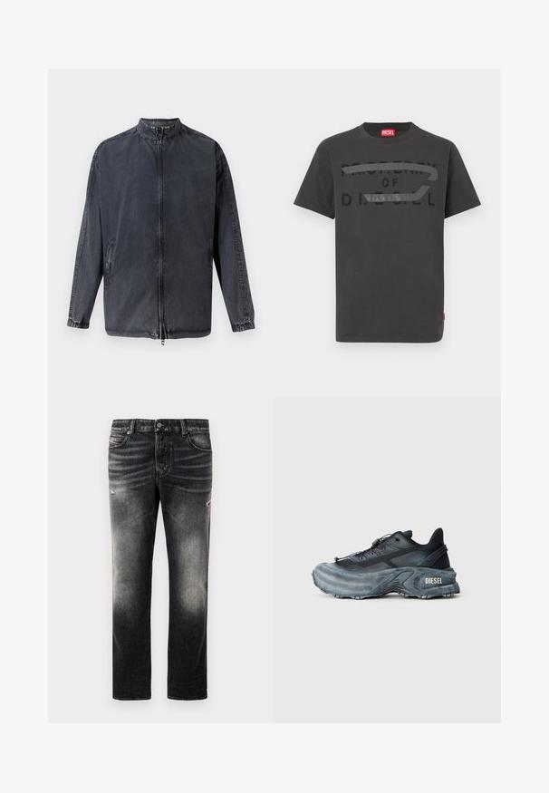 Veste décontractée noire en denim, avec col montant, fermeture éclair à l'avant et poignets élastiques. Comprend des poches latérales et une coupe décontractée.; T-shirt en coton gris avec un texte noir audacieux indiquant "PROPERTY OF D.I.E.S.E.L.", à la texture lisse et manches courtes.; Jean noir avec une finition délavée et des accents usés, design standard à cinq poches, et fermeture éclair. Fabriqué en tissu denim.; Baskets Diesel noires et grises avec semelle épaisse, système de laçage à bascule et design texturé sur fond gris clair uni.