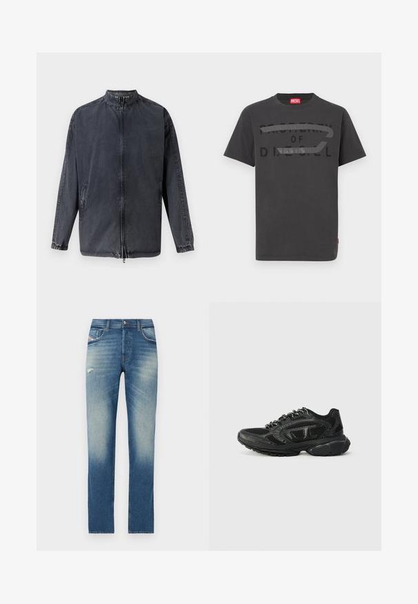Veste décontractée noire en denim, avec col montant, fermeture éclair à l'avant et poignets élastiques. Comprend des poches latérales et une coupe décontractée.; T-shirt en coton gris avec un texte noir audacieux indiquant "PROPERTY OF D.I.E.S.E.L.", à la texture lisse et manches courtes.; Jeans en denim bleu avec un design à jambe droite, présentant un léger délavage, un petit détail usé à l'avant et un style classique à cinq poches.; Baskets de sport noires avec une tige en mesh, des accents texturés et un col rembourré. Design à lacets avec une semelle en caoutchouc épaisse pour le soutien.